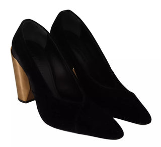 Black Leather Suede Block Heels Pumps Shoes