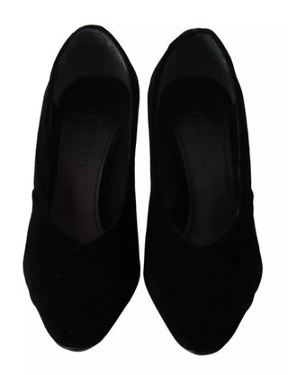 Black Leather Suede Block Heels Pumps Shoes