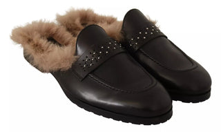 Black Leather Fur Perforated Slip On Flats Shoes