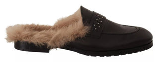 Schwarze Leder-Pelz-Perforierte Slipper-Flats