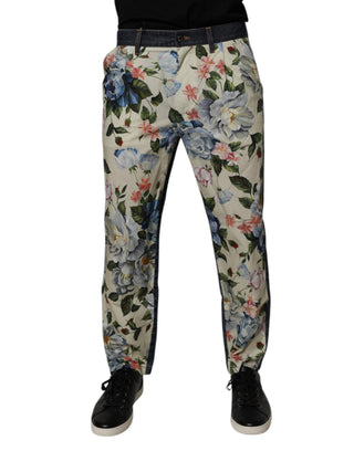 Jeans de mezclilla para hombre en algodón beige con flores azules