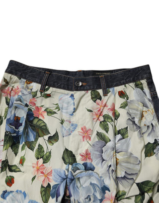 Jeans de mezclilla para hombre en algodón beige con flores azules