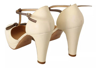 Beige T-Spangen Pumps mit Blockabsatz aus Leder