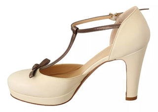Beige T-Spangen Pumps mit Blockabsatz aus Leder