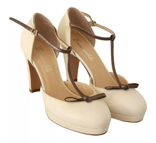 Beige T-Spangen Pumps mit Blockabsatz aus Leder