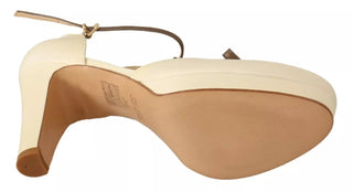 Beige T-Spangen Pumps mit Blockabsatz aus Leder