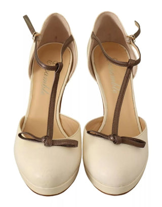 Beige T-Spangen Pumps mit Blockabsatz aus Leder