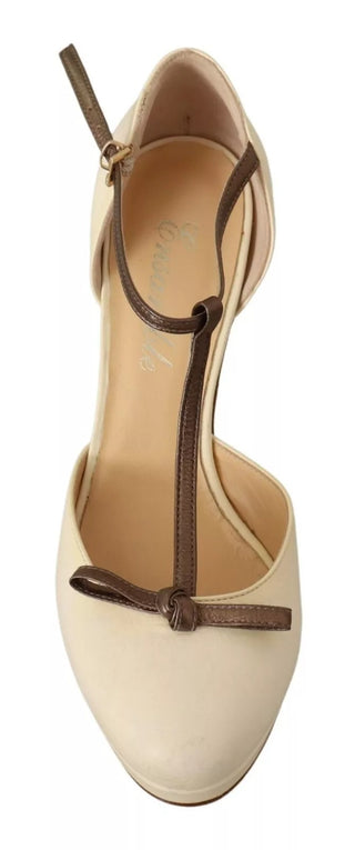 Beige T-Spangen Pumps mit Blockabsatz aus Leder