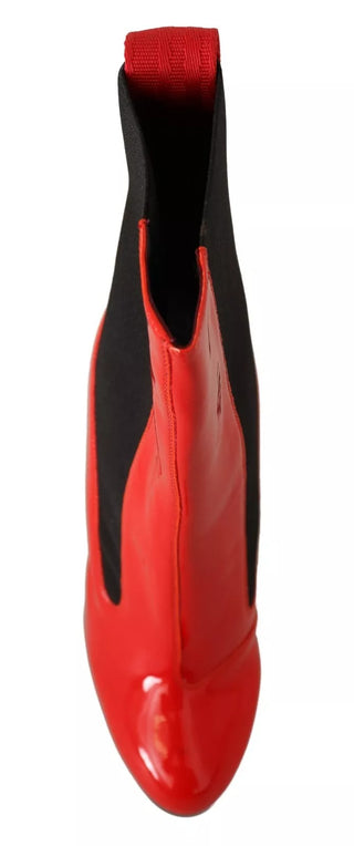 Rote Leder Schwarzer Stoff Logo Absatz Stiefeletten Schuhe
