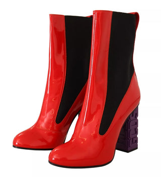 Rote Leder Schwarzer Stoff Logo Absatz Stiefeletten Schuhe
