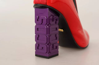 Rote Leder Schwarzer Stoff Logo Absatz Stiefeletten Schuhe