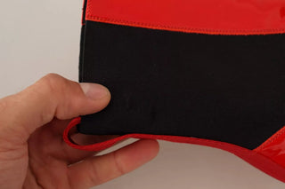 Rote Leder Schwarzer Stoff Logo Absatz Stiefeletten Schuhe