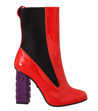 Rote Leder Schwarzer Stoff Logo Absatz Stiefeletten Schuhe