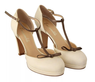 Off White Leather T-Strap Heels Sandals Shoes
