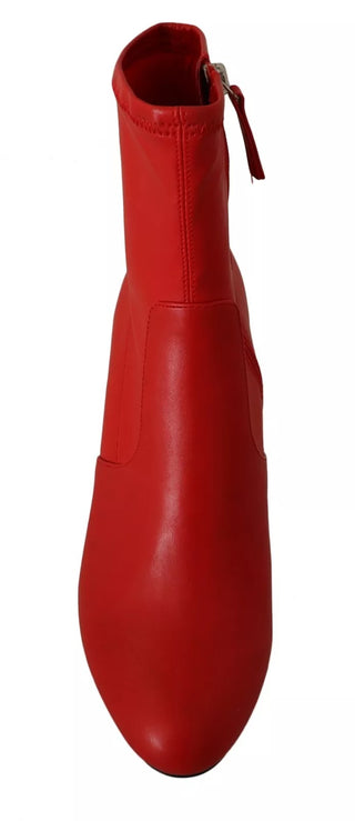 Red Leather Block Heels Ankle Boots Shoes
