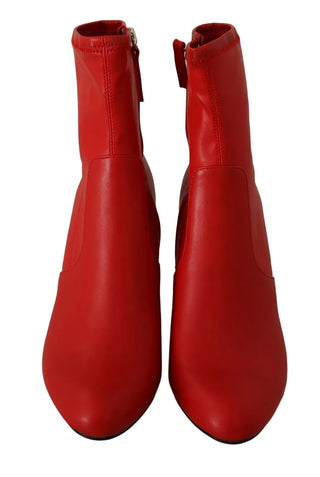 Red Leather Block Heels Ankle Boots Shoes