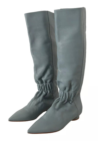 Blue Leather Elastic Flats Pull On Knee High Boots Shoes