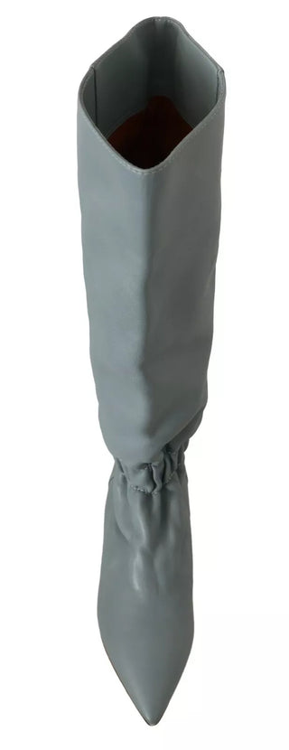 Blue Leather Elastic Flats Pull On Knee High Boots Shoes