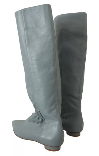 Blue Leather Elastic Flats Pull On Knee High Boots Shoes