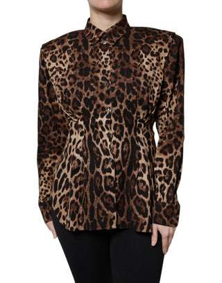 Braune Leoparden Seiden-Knopfleisten-Manteljacke