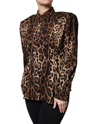 Braune Leoparden Seiden-Knopfleisten-Manteljacke