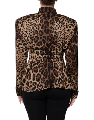 Braune Leoparden Seiden-Knopfleisten-Manteljacke
