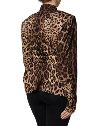 Braune Leoparden Seiden-Knopfleisten-Manteljacke