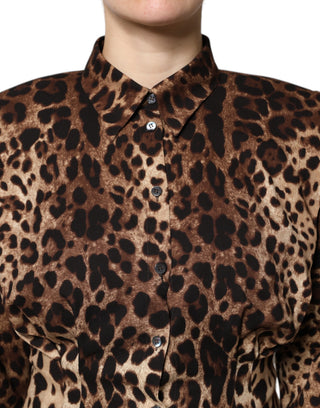 Braune Leoparden Seiden-Knopfleisten-Manteljacke
