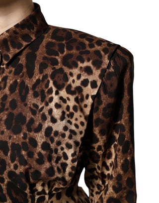 Braune Leoparden Seiden-Knopfleisten-Manteljacke
