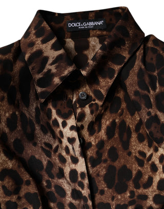 Braune Leoparden Seiden-Knopfleisten-Manteljacke