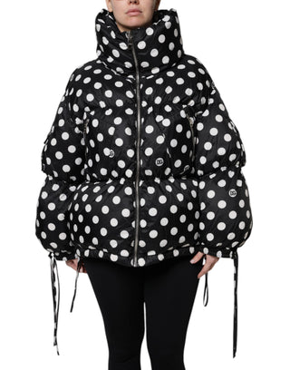 Schwarz-weiß gepunktete Pufferjacke mit durchgehendem Reißverschluss