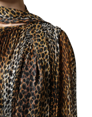 Brown Leopard Print Scarf Collared Chiffon Dress