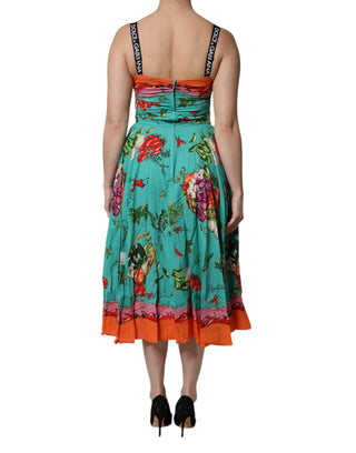 Mehrfarbig bedrucktes ärmelloses Seiden-Midikleid