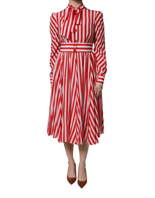 Weiß Rot Gestreiftes Langärmeliges Midikleid