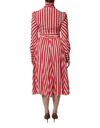 Weiß Rot Gestreiftes Langärmeliges Midikleid