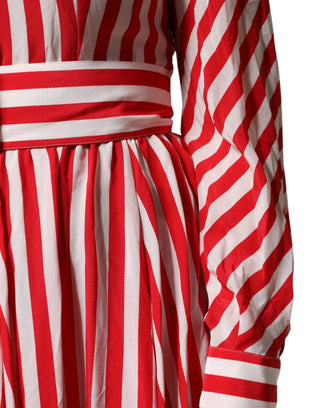 Weiß Rot Gestreiftes Langärmeliges Midikleid