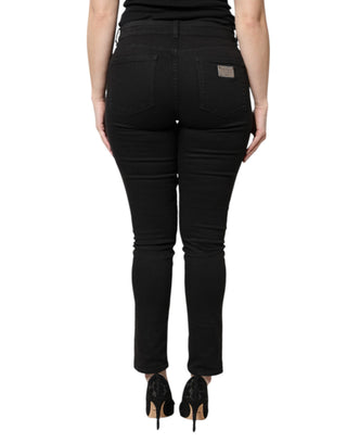 Jeans Ajustados de Mezclilla de Algodón Negro de Cintura Alta