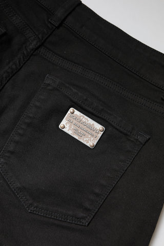 Jeans Ajustados de Mezclilla de Algodón Negro de Cintura Alta