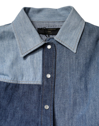 Blue Cotton Button Up Collared Long Sleeve Top