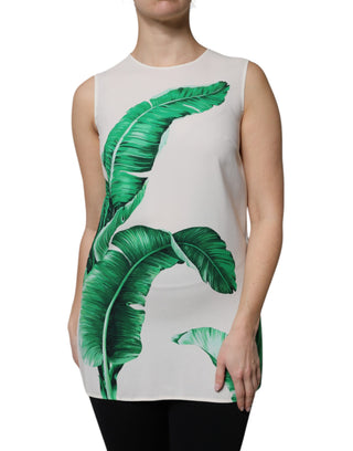 Weißes Tanktop mit Rundhalsausschnitt und Bananenblatt-Print