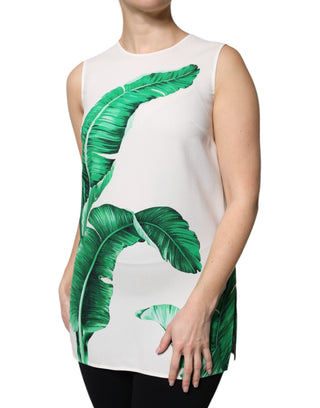 Weißes Tanktop mit Rundhalsausschnitt und Bananenblatt-Print