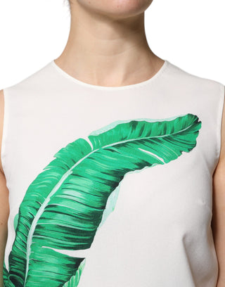 Weißes Tanktop mit Rundhalsausschnitt und Bananenblatt-Print