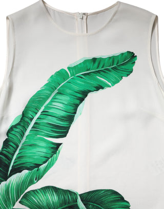 Weißes Tanktop mit Rundhalsausschnitt und Bananenblatt-Print