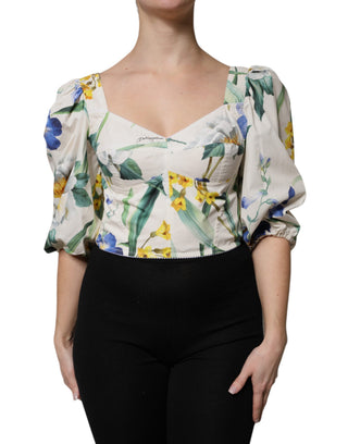 Weiße Blumen-Cropped-Bluse mit Puffärmeln