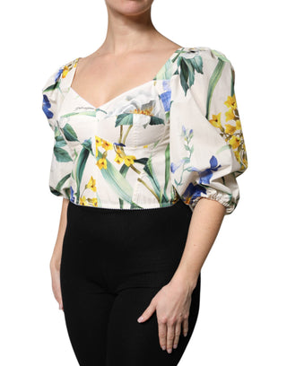Weiße Blumen-Cropped-Bluse mit Puffärmeln