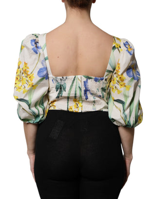 Weiße Blumen-Cropped-Bluse mit Puffärmeln