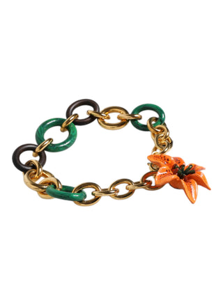 Multicolor Gold Brass Orange Lily Floral Chain Necklace