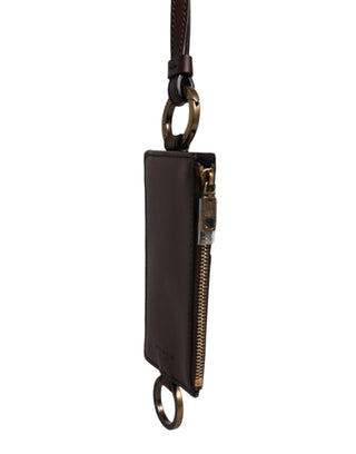 Cartera portatarjetas con cordón de piel de becerro marrón con logo
