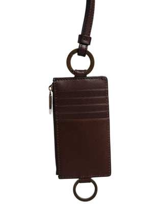 Cartera portatarjetas con cordón de piel de becerro marrón con logo