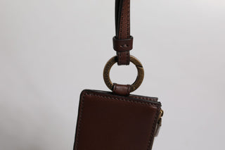 Cartera portatarjetas con cordón de piel de becerro marrón con logo